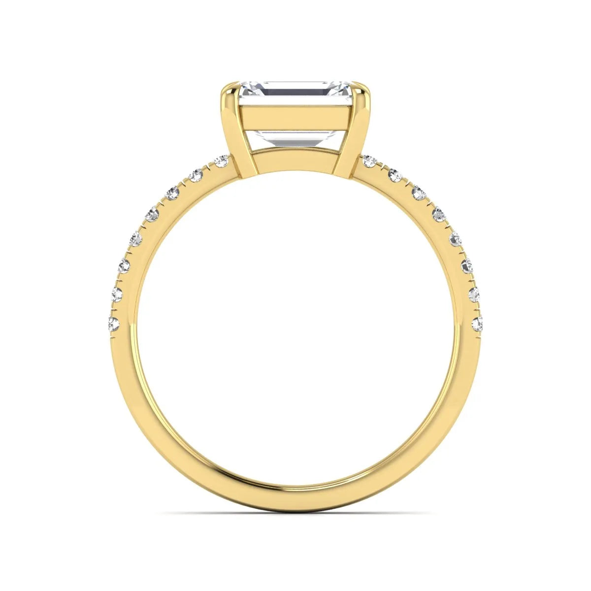 Emerald cut lab grown diamond solitaire pavé engagement ring with four-prong setting and yellow gold tone band.