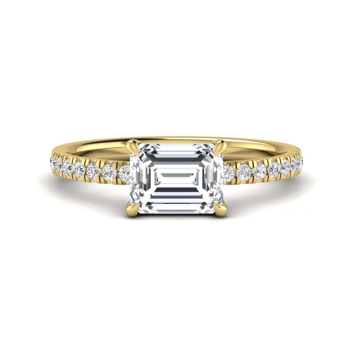 Emerald cut lab grown diamond solitaire pavé engagement ring with four-prong setting and yellow gold tone band.