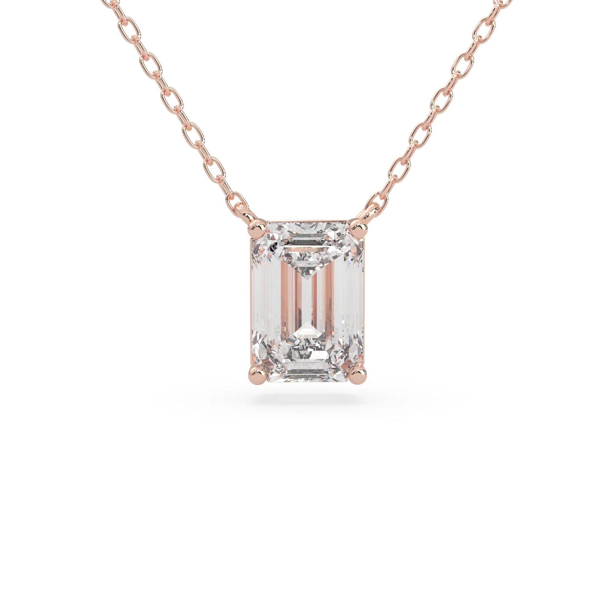 rose gold Emerald cut 3.00 carat IGI Certified lab grown diamond solitaire pendant necklace in a four-prong setting.