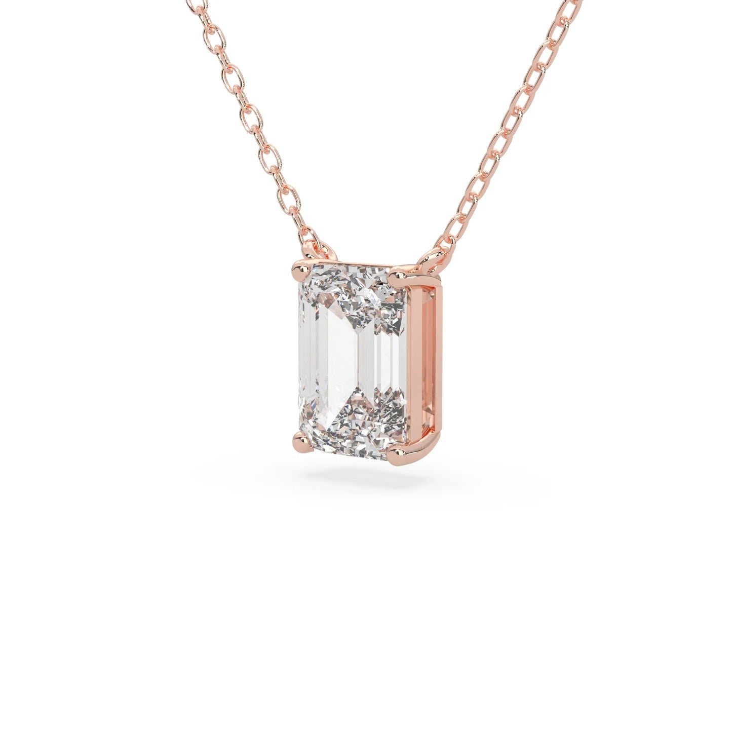 rose gold Emerald cut 3.00 carat IGI Certified lab grown diamond solitaire pendant necklace in a four-prong setting.