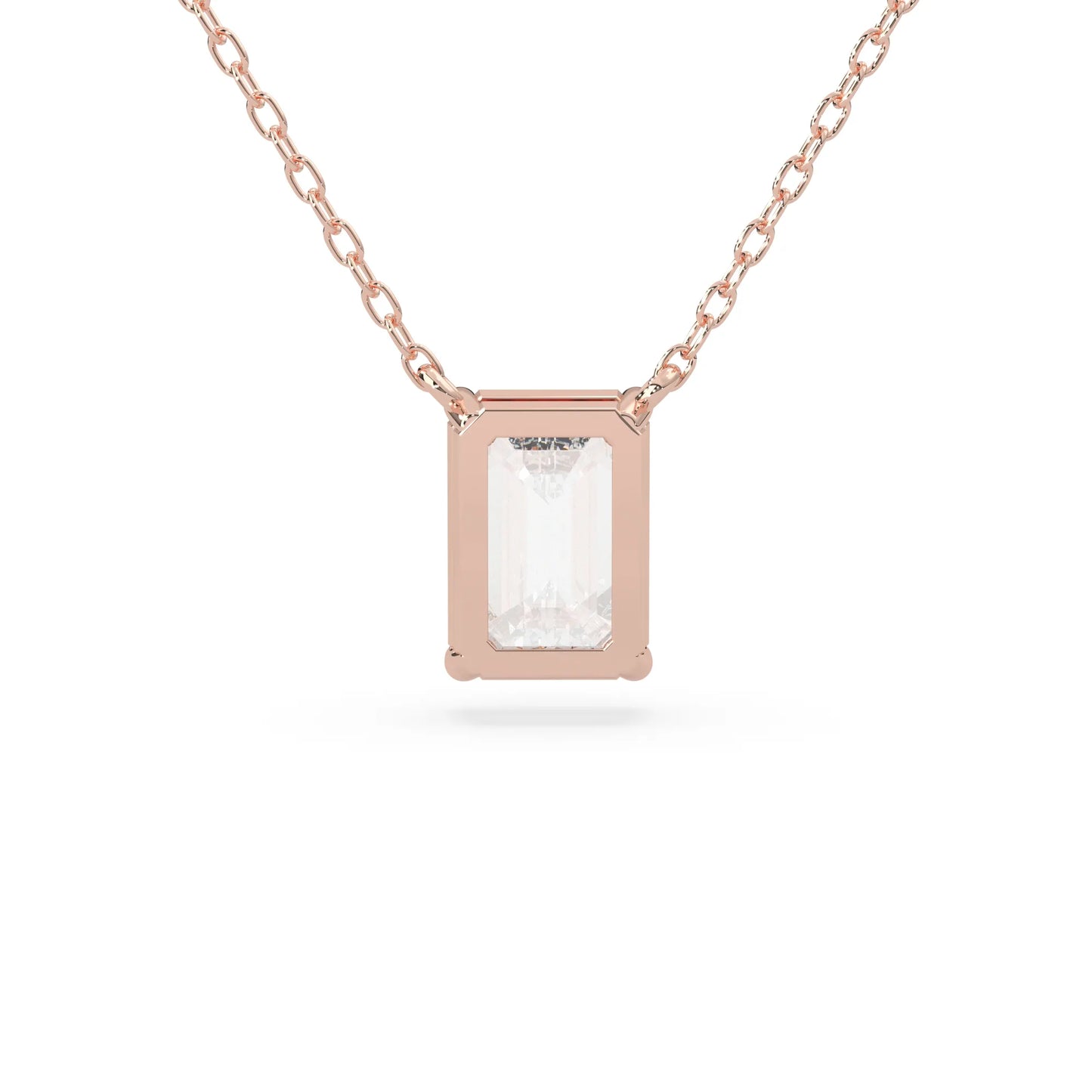 rose gold Emerald cut 3.00 carat IGI Certified lab grown diamond solitaire pendant necklace in a four-prong setting.