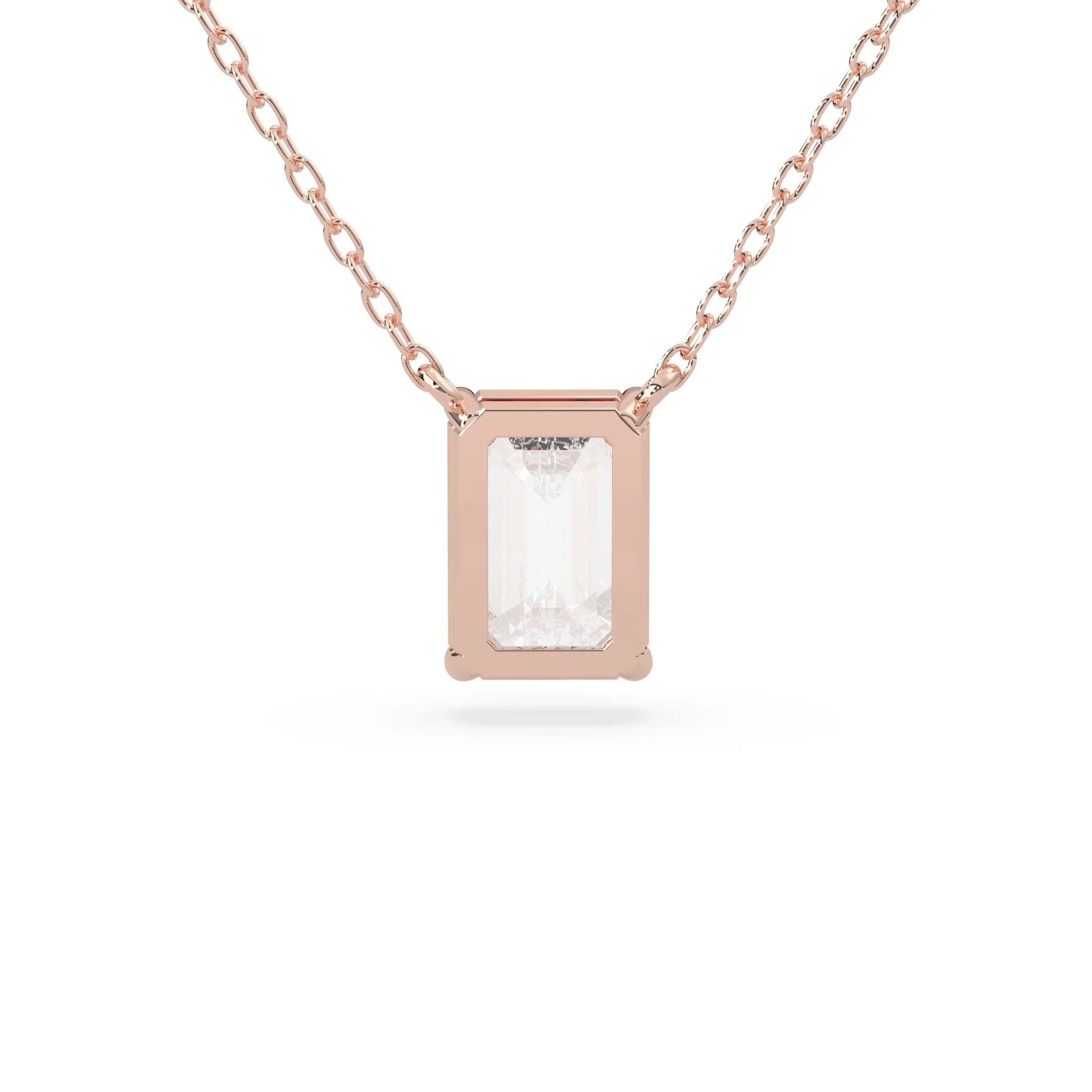 rose gold Emerald cut 3.00 carat IGI Certified lab grown diamond solitaire pendant necklace in a four-prong setting.