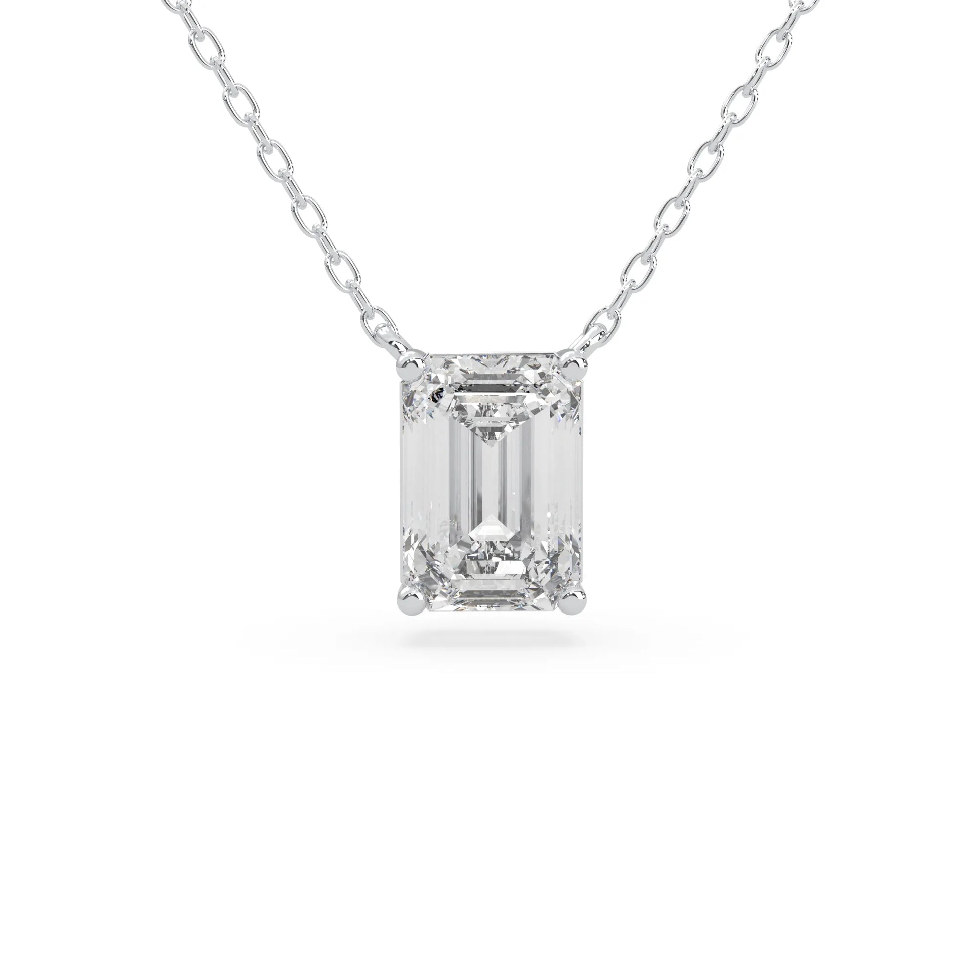 white gold Emerald cut 3.00 carat IGI Certified lab grown diamond solitaire pendant necklace in a four-prong setting.