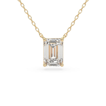 yellow gold Emerald cut 3.00 carat IGI Certified lab grown diamond solitaire pendant necklace in a four-prong setting.
