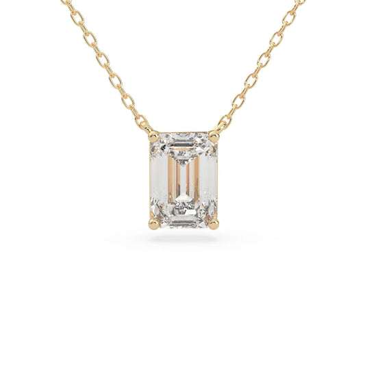 yellow gold Emerald cut 3.00 carat IGI Certified lab grown diamond solitaire pendant necklace in a four-prong setting.