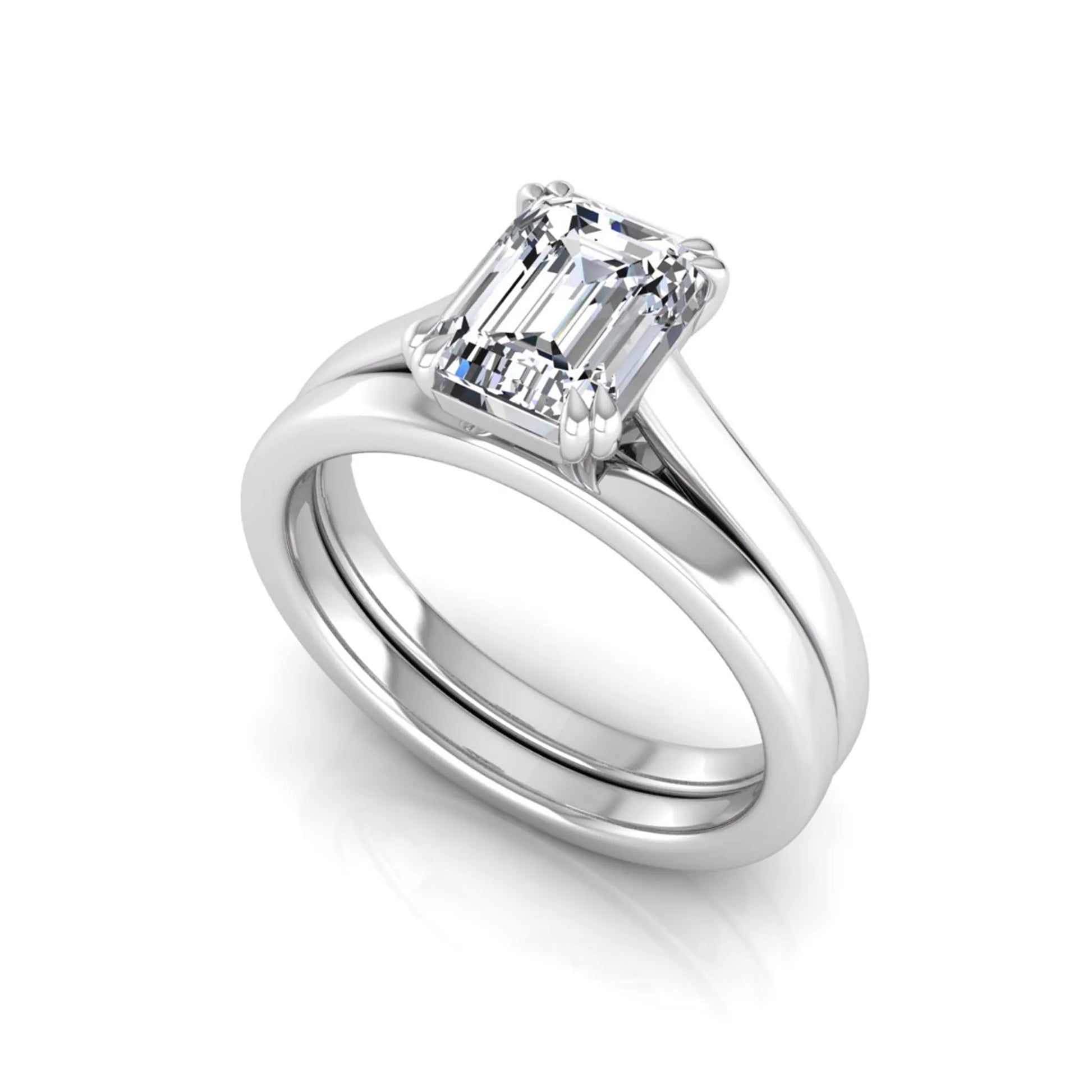 Emerald cut lab grown diamond solitaire ring set featuring a 1.74 carat IGI certified center diamond in a four-prong setting with a matching plain wedding band in a white gold design.