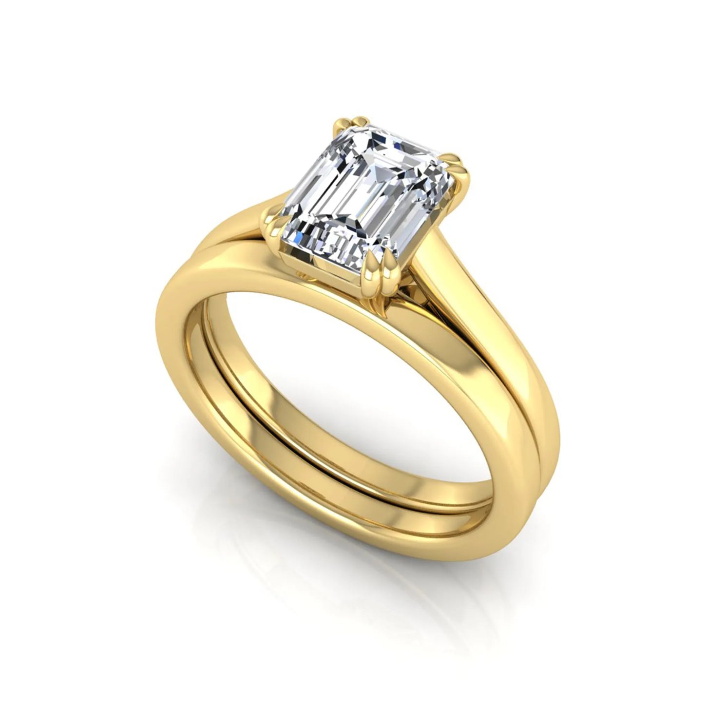 Emerald cut lab grown diamond solitaire ring set featuring a 1.74 carat IGI certified center diamond in a four-prong setting with a matching plain wedding band in a yellow gold design.