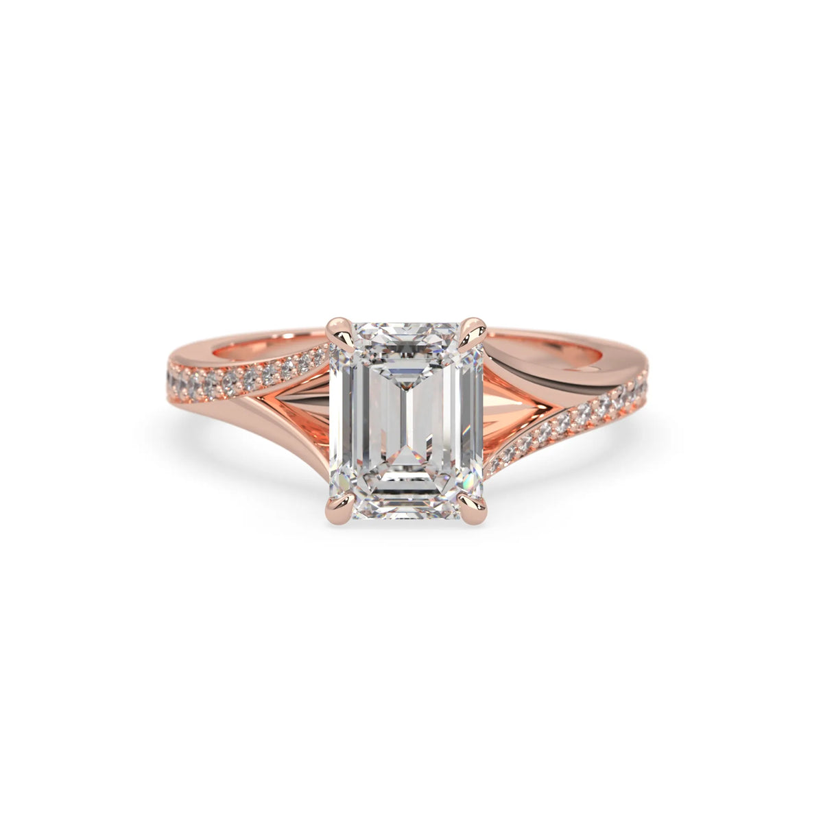 Rose gold ring with a diamond on a white background