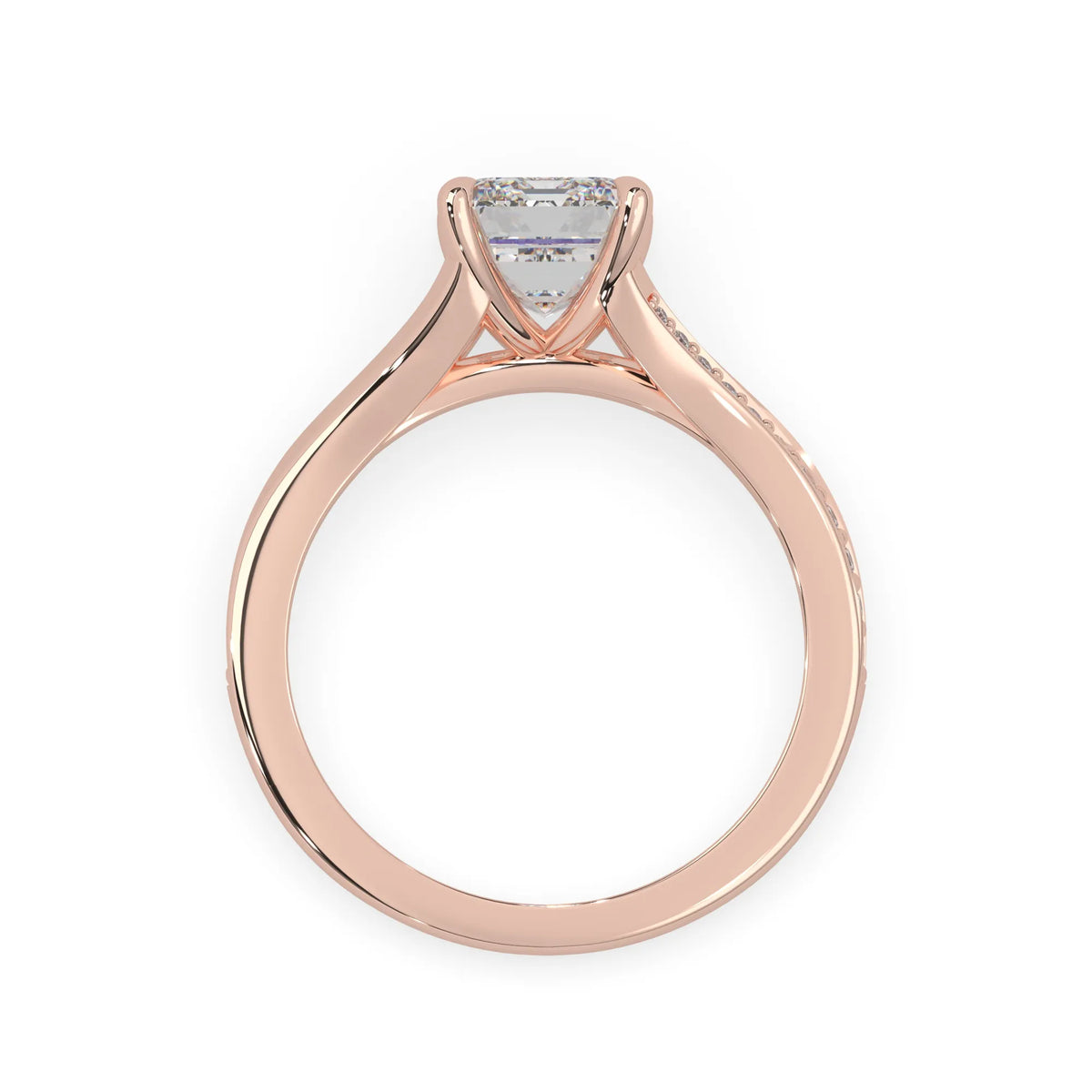 Rose gold ring with a diamond on a white background