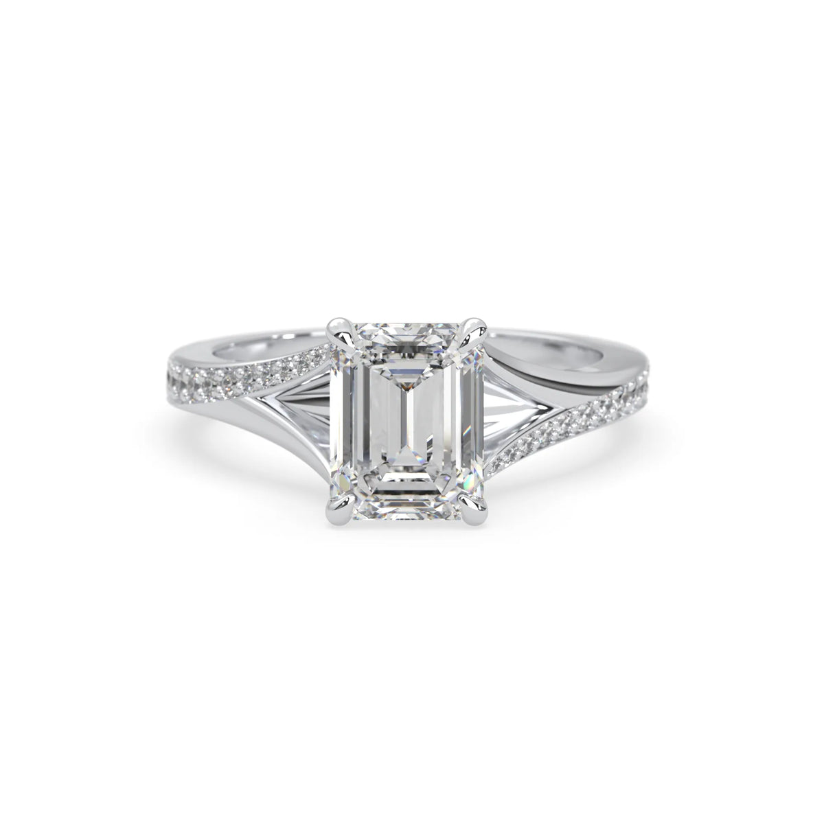 white gold Diamond ring with emerald-cut center stone on a white background