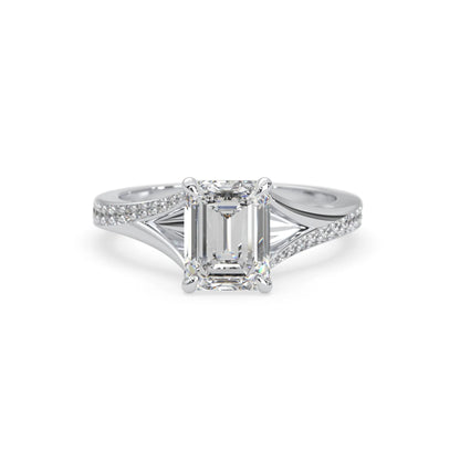 white gold Diamond ring with emerald-cut center stone on a white background