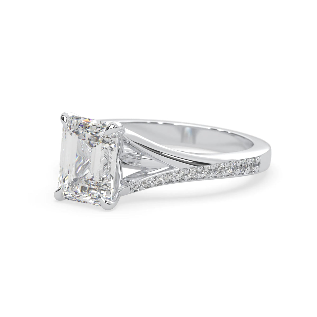 white gold Diamond ring with a princess-cut center stone on a white background