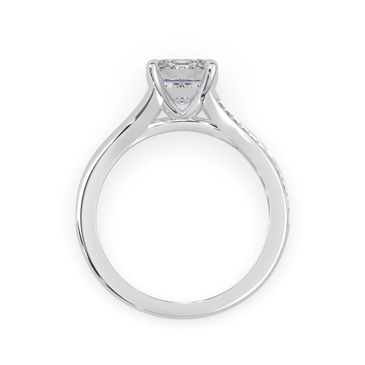 white gold Diamond ring with a clear gemstone on a white background
