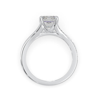 white gold Diamond ring with a clear gemstone on a white background