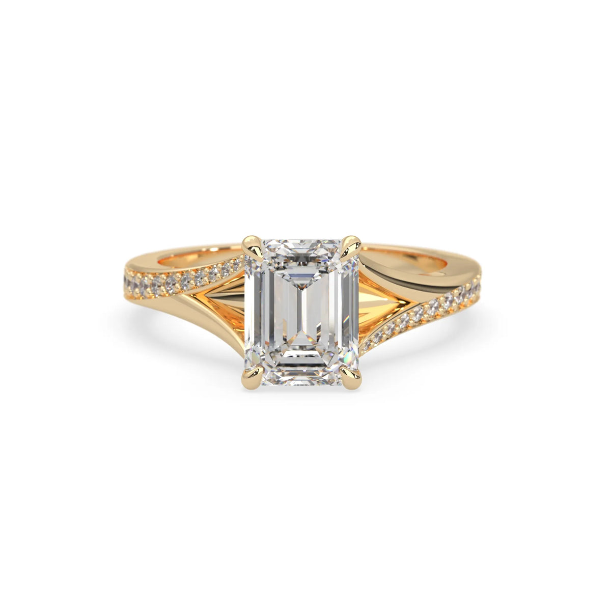 yellow Gold ring with a large diamond on a white background