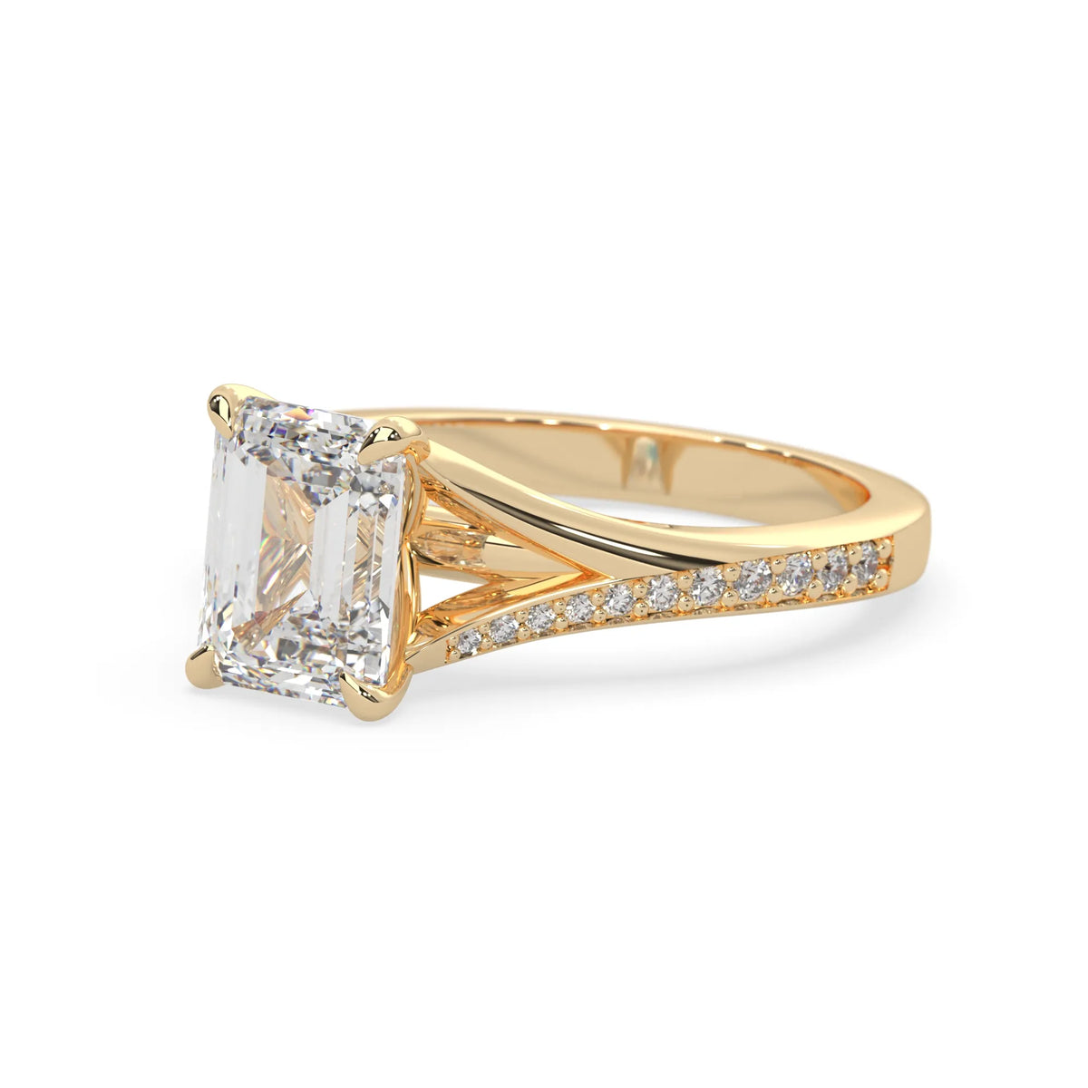 yellow Gold ring with a large diamond and smaller diamonds on the band against a white background