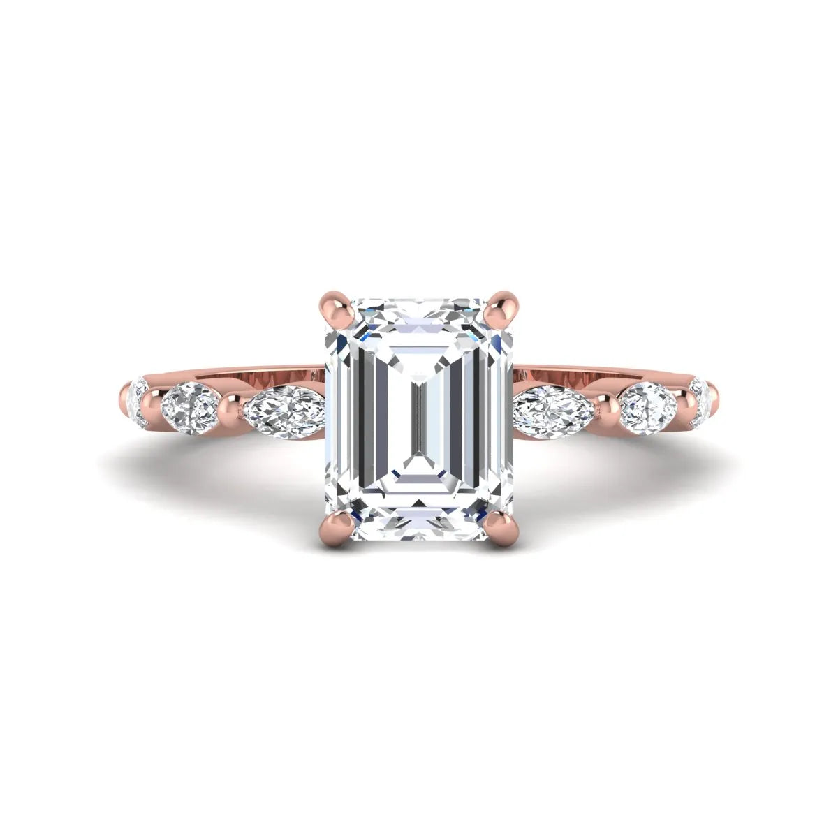 IGI Certified 2.62 carat Emerald cut lab grown diamond engagement ring with marquise cut side diamonds in rose gold.