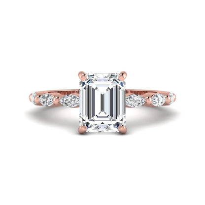 IGI Certified 2.62 carat Emerald cut lab grown diamond engagement ring with marquise cut side diamonds in rose gold.