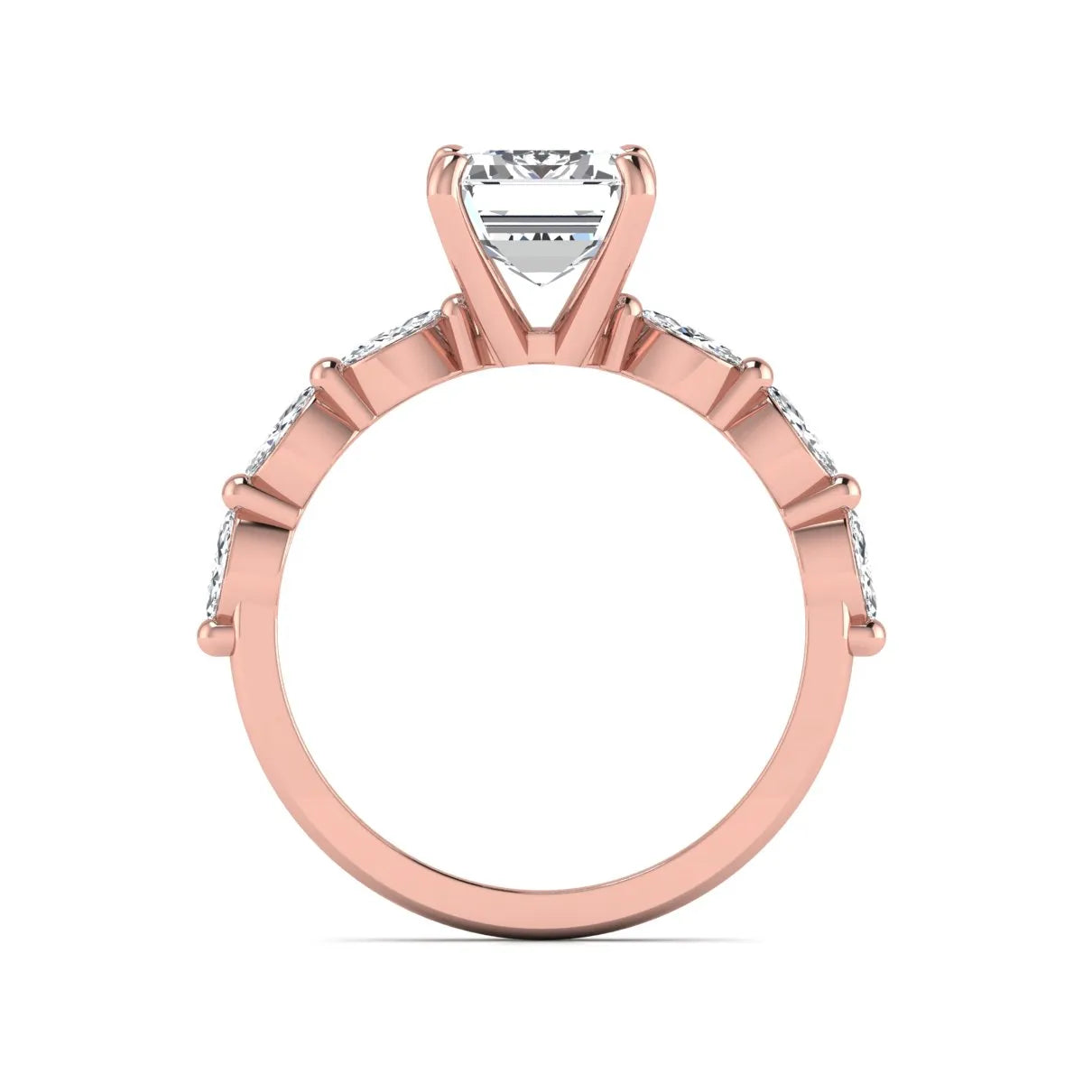 IGI Certified 2.62 carat Emerald cut lab grown diamond engagement ring with marquise cut side diamonds in rose gold.