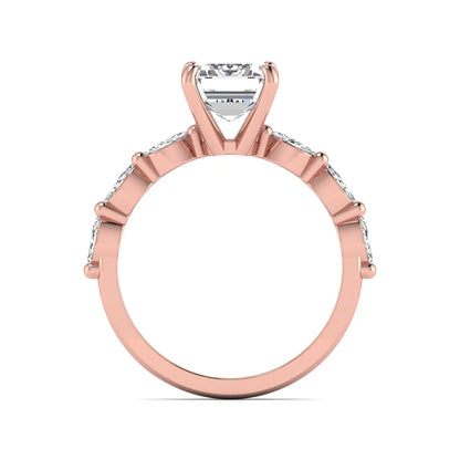 IGI Certified 2.62 carat Emerald cut lab grown diamond engagement ring with marquise cut side diamonds in rose gold.