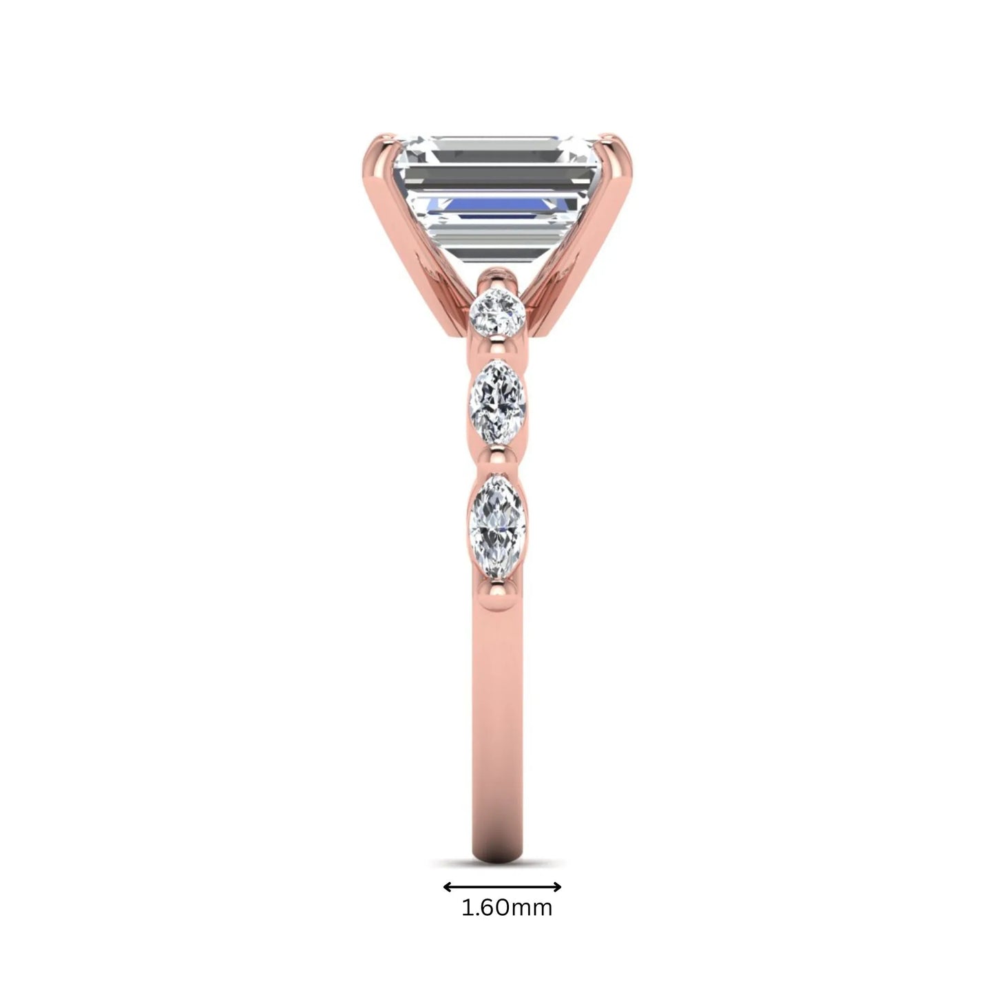 IGI Certified 2.62 carat Emerald cut lab grown diamond engagement ring with marquise cut side diamonds in rose gold.