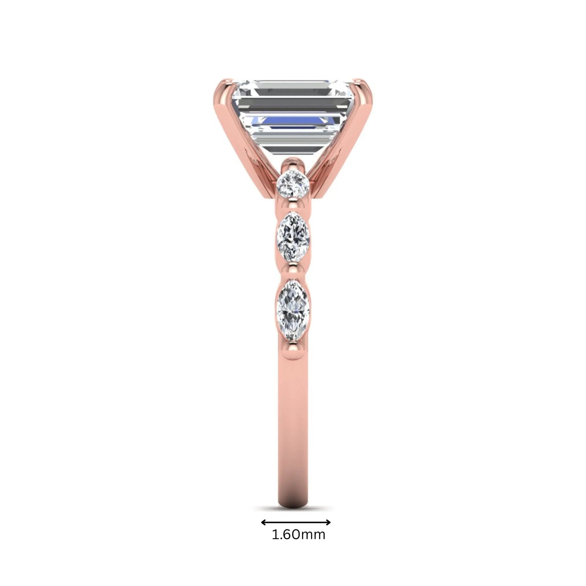 IGI Certified 2.62 carat Emerald cut lab grown diamond engagement ring with marquise cut side diamonds in rose gold.