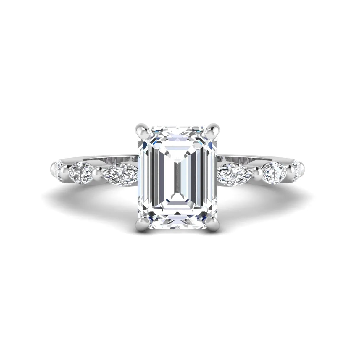 IGI Certified 2.62 carat Emerald cut lab grown diamond engagement ring with marquise cut side diamonds in white gold.