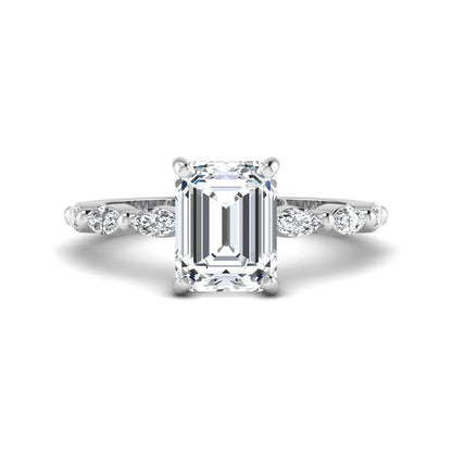 IGI Certified 2.62 carat Emerald cut lab grown diamond engagement ring with marquise cut side diamonds in white gold.