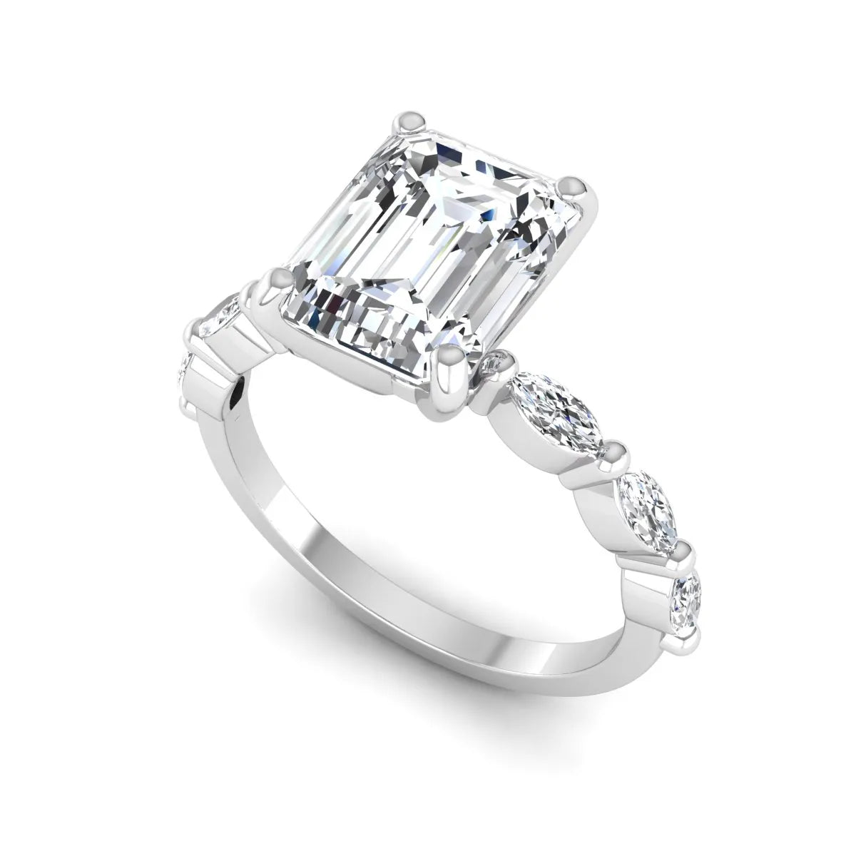 IGI Certified 2.62 carat Emerald cut lab grown diamond engagement ring with marquise cut side diamonds in white gold.