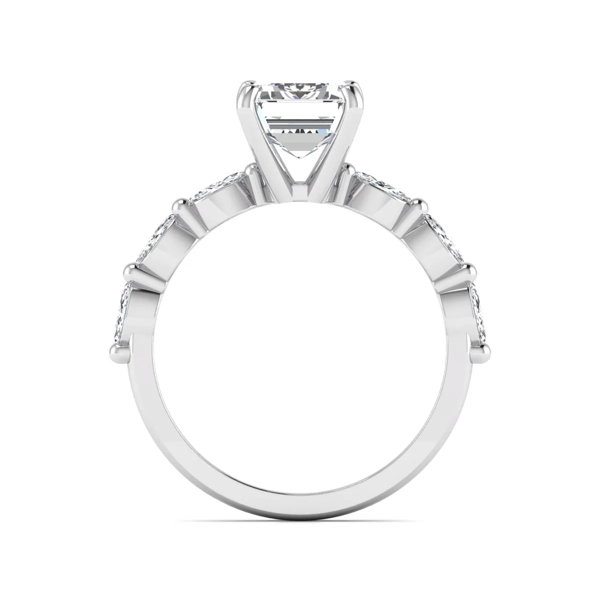 IGI Certified 2.62 carat Emerald cut lab grown diamond engagement ring with marquise cut side diamonds in white gold.