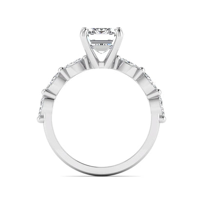 IGI Certified 2.62 carat Emerald cut lab grown diamond engagement ring with marquise cut side diamonds in white gold.