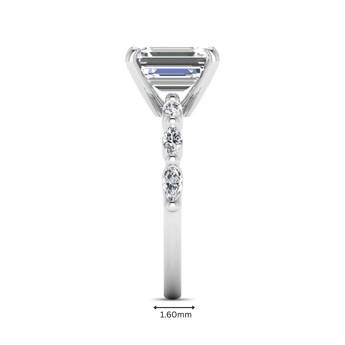 IGI Certified 2.62 carat Emerald cut lab grown diamond engagement ring with marquise cut side diamonds in white gold.