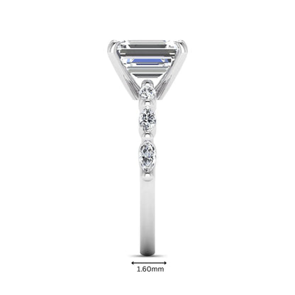 IGI Certified 2.62 carat Emerald cut lab grown diamond engagement ring with marquise cut side diamonds in white gold.