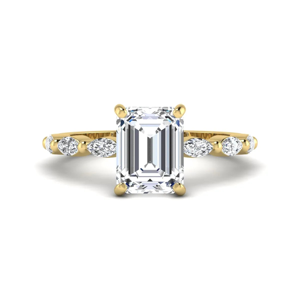 IGI Certified 2.62 carat Emerald cut lab grown diamond engagement ring with marquise cut side diamonds in yellow gold.
