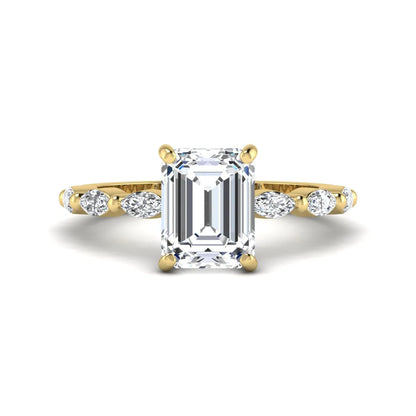 IGI Certified 2.62 carat Emerald cut lab grown diamond engagement ring with marquise cut side diamonds in yellow gold.