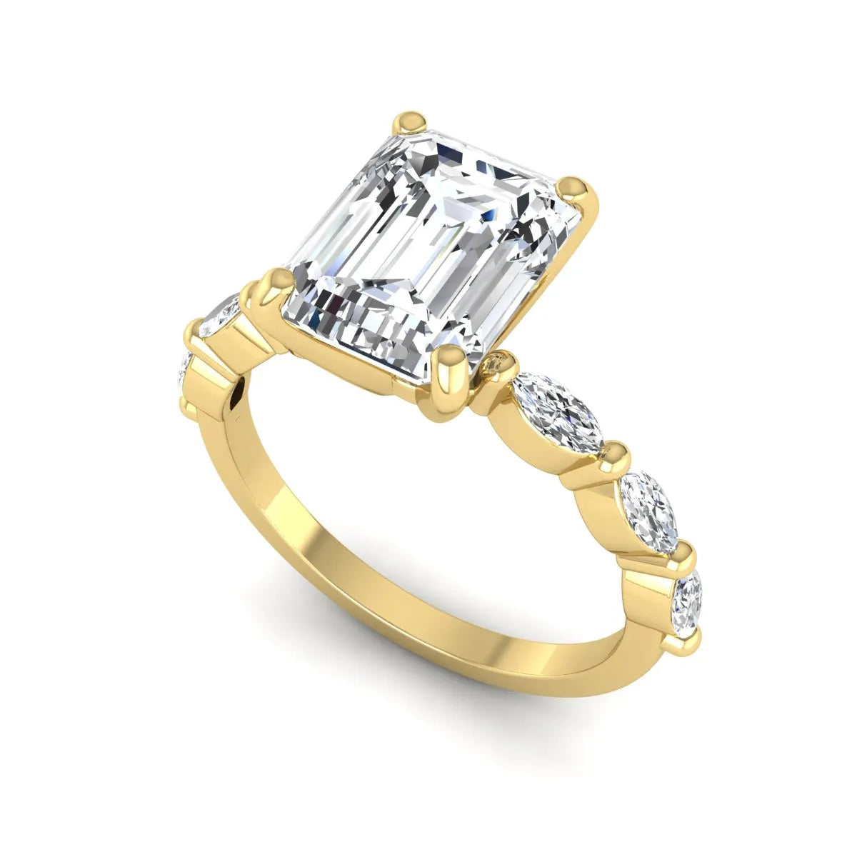 IGI Certified 2.62 carat Emerald cut lab grown diamond engagement ring with marquise cut side diamonds in yellow gold.