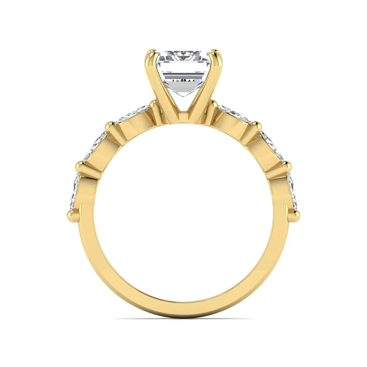IGI Certified 2.62 carat Emerald cut lab grown diamond engagement ring with marquise cut side diamonds in yellow gold.