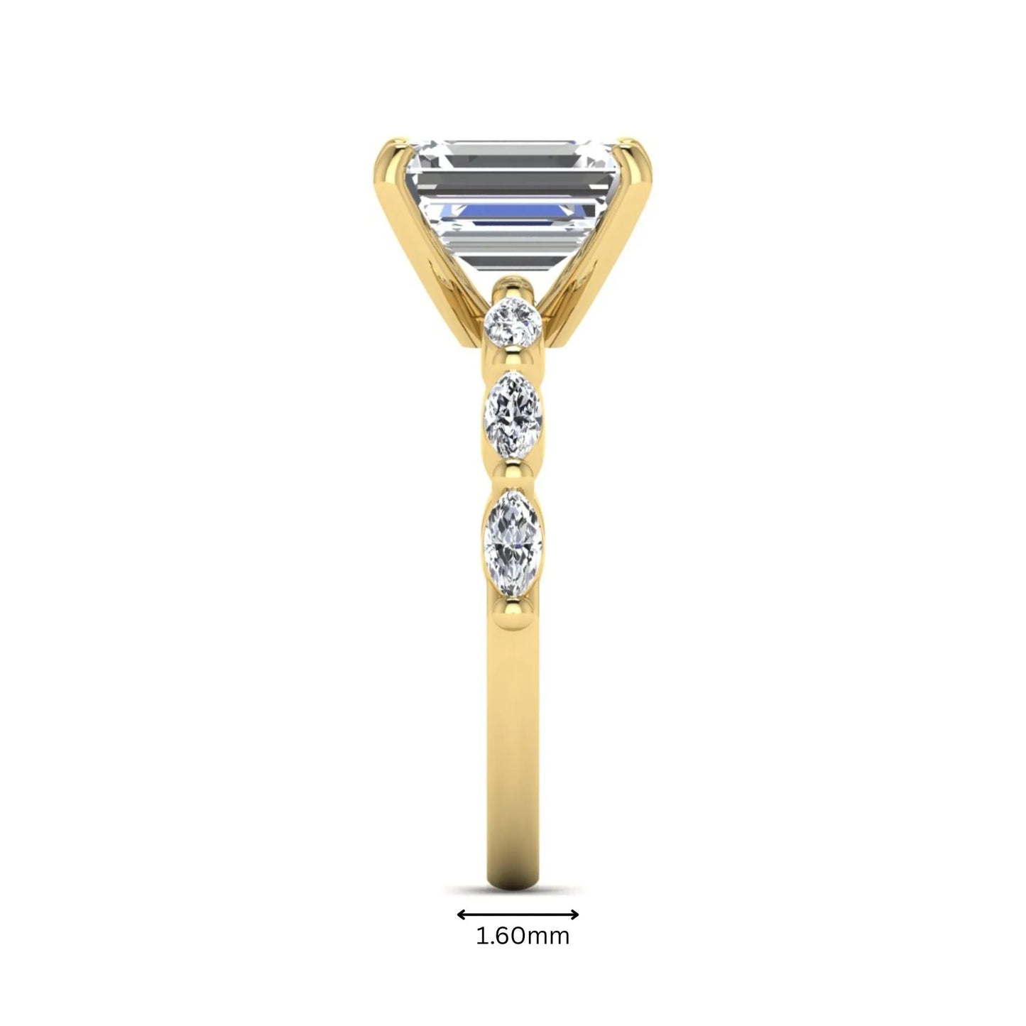 IGI Certified 2.62 carat Emerald cut lab grown diamond engagement ring with marquise cut side diamonds in yellow gold.