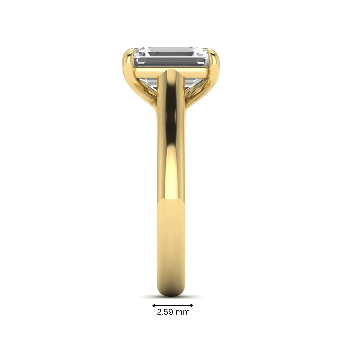 Emerald cut lab grown diamond solitaire engagement ring with a four-prong setting and polished tapered yellow gold band.