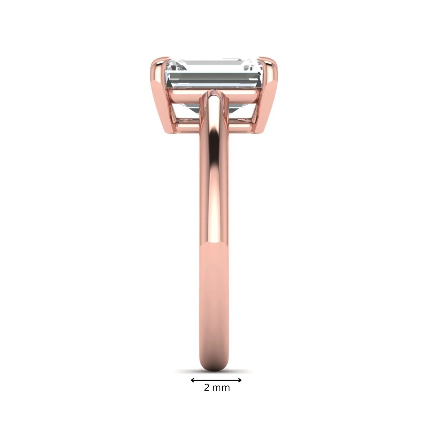 Emerald Cut Solitaire Lab Grown Diamond Engagement Ring featuring a 9.05 × 6.62 mm IGI Certified emerald-cut diamond in a four-prong cathedral setting with a polished rose gold band.