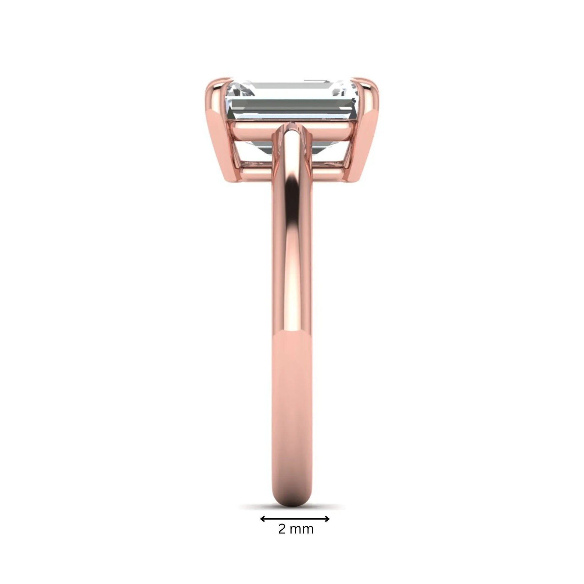 Emerald Cut Solitaire Lab Grown Diamond Engagement Ring featuring a 9.05 × 6.62 mm IGI Certified emerald-cut diamond in a four-prong cathedral setting with a polished rose gold band.