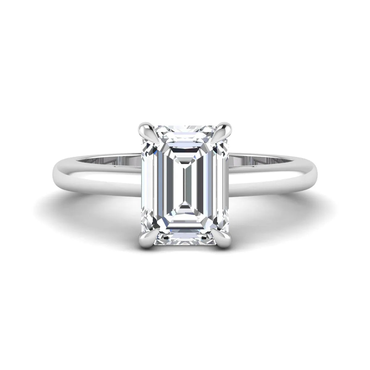 Emerald Cut Solitaire Lab Grown Diamond Engagement Ring featuring a 9.05 × 6.62 mm IGI Certified emerald-cut diamond in a four-prong cathedral setting with a polished white gold band.