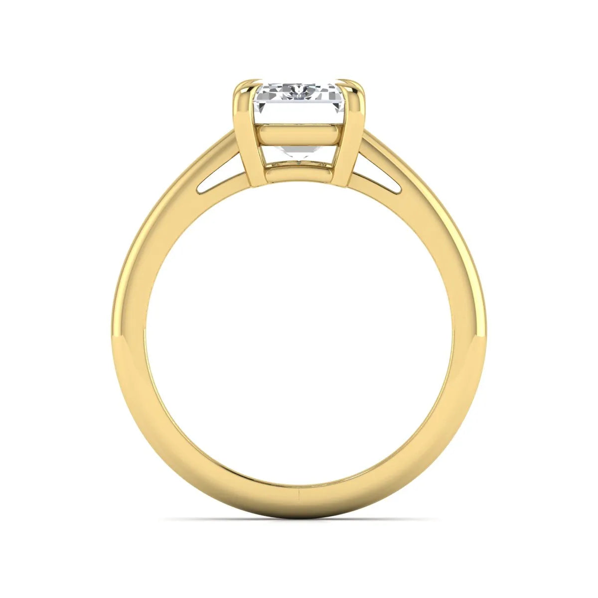 Emerald Cut Solitaire Lab Grown Diamond Engagement Ring featuring a 9.05 × 6.62 mm IGI Certified emerald-cut diamond in a four-prong cathedral setting with a polished yellow gold band.