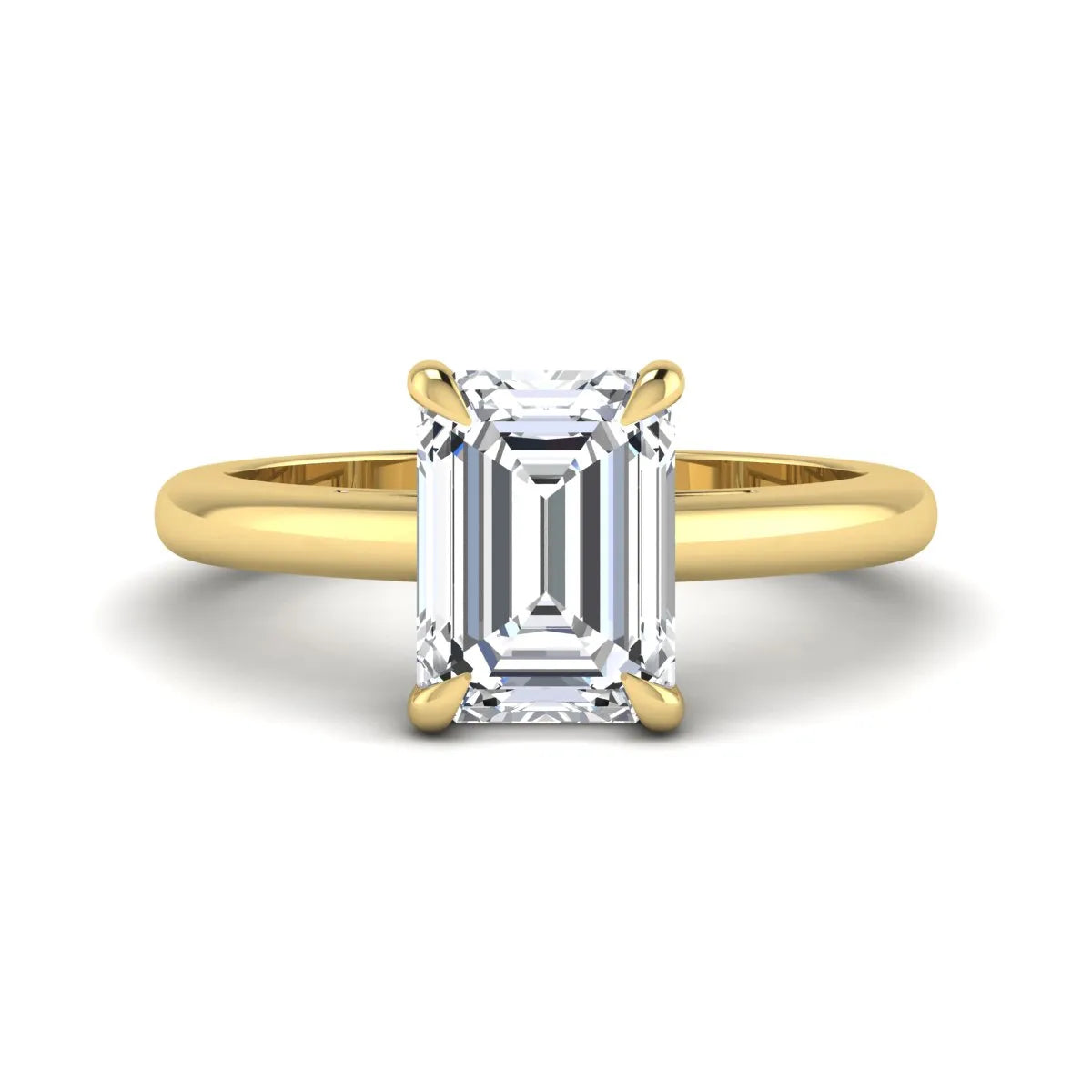 Emerald Cut Solitaire Lab Grown Diamond Engagement Ring featuring a 9.05 × 6.62 mm IGI Certified emerald-cut diamond in a four-prong cathedral setting with a polished yellow gold band.