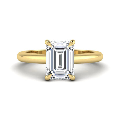 Emerald Cut Solitaire Lab Grown Diamond Engagement Ring featuring a 9.05 × 6.62 mm IGI Certified emerald-cut diamond in a four-prong cathedral setting with a polished yellow gold band.