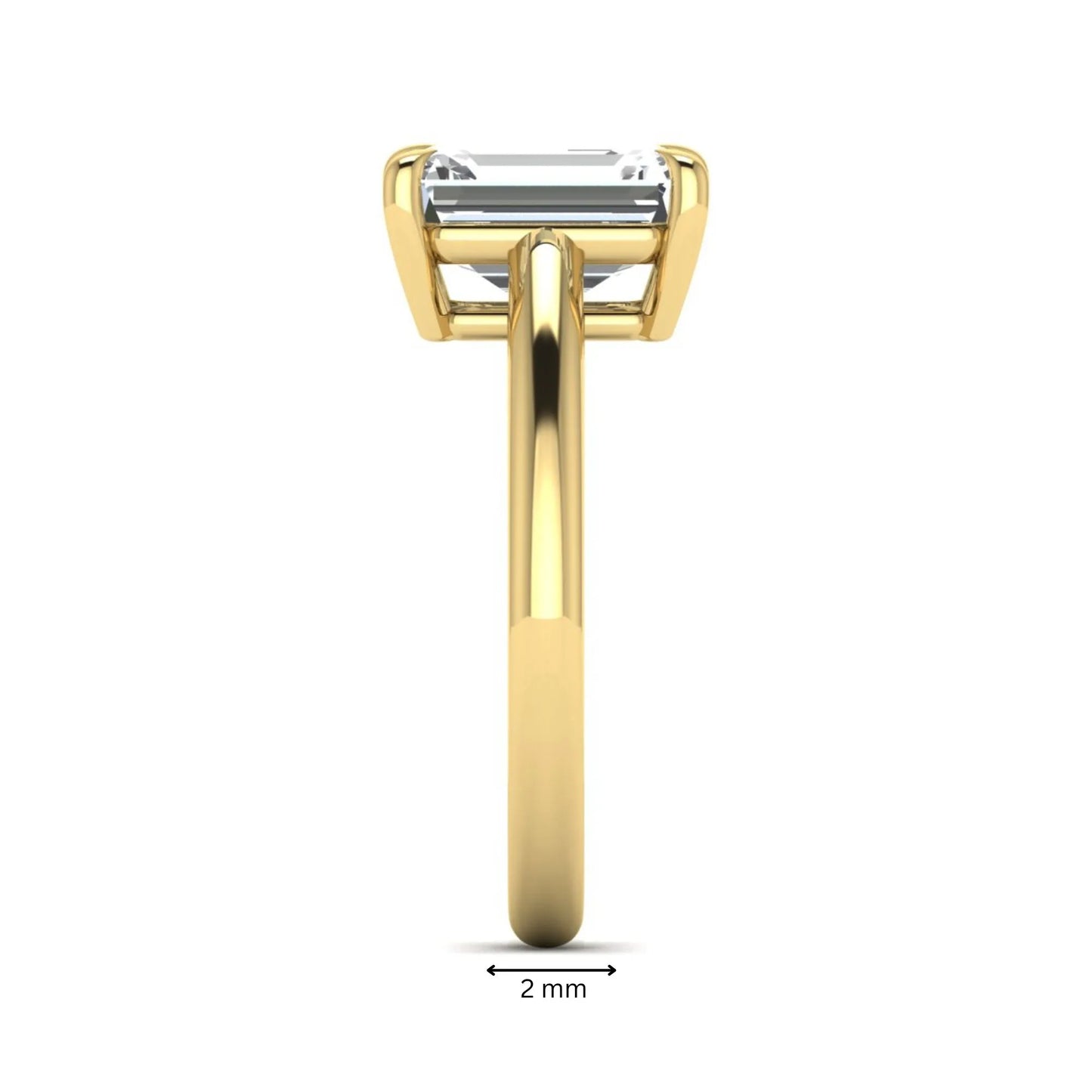 Emerald Cut Solitaire Lab Grown Diamond Engagement Ring featuring a 9.05 × 6.62 mm IGI Certified emerald-cut diamond in a four-prong cathedral setting with a polished yellow gold band.