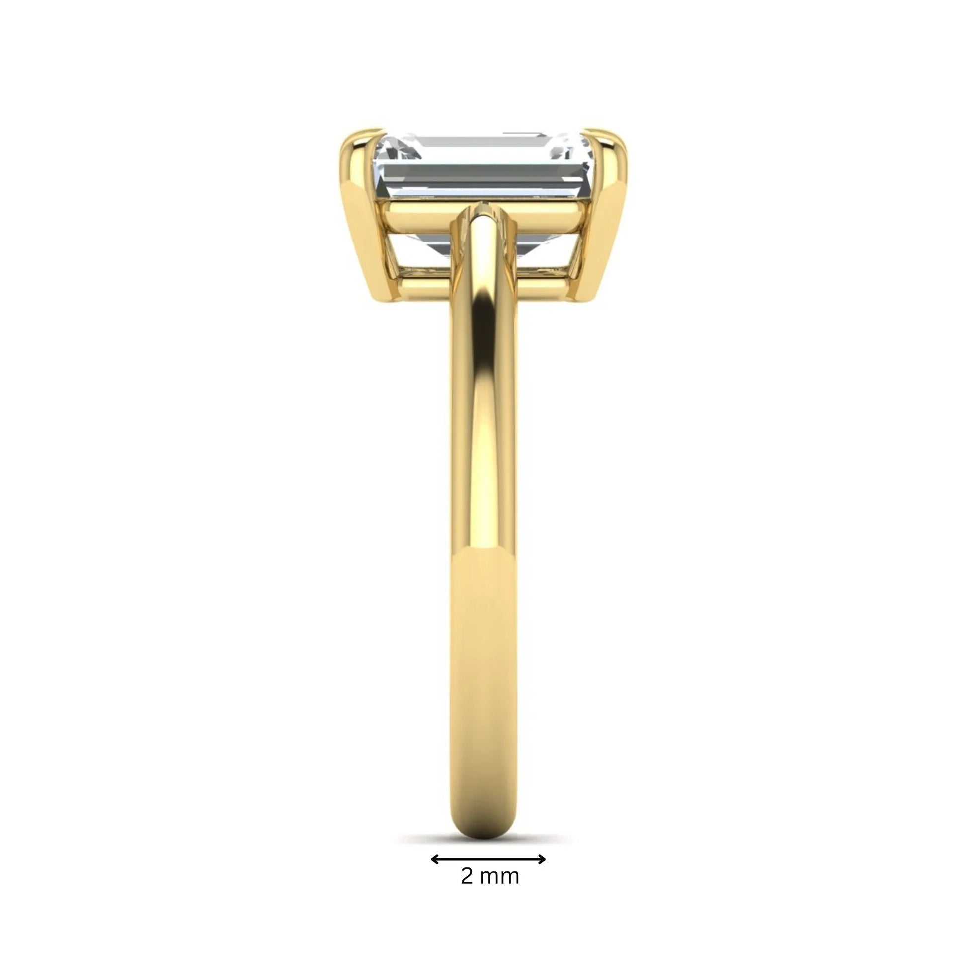 Emerald Cut Solitaire Lab Grown Diamond Engagement Ring featuring a 9.05 × 6.62 mm IGI Certified emerald-cut diamond in a four-prong cathedral setting with a polished yellow gold band.