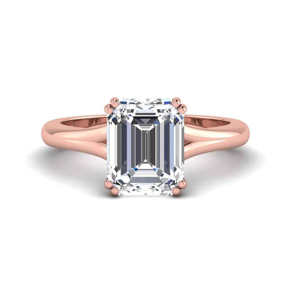 Emerald Cut Lab Grown Diamond Solitaire Engagement Ring featuring an IGI certified emerald cut center diamond in a four-prong setting with a rose gold tone band.