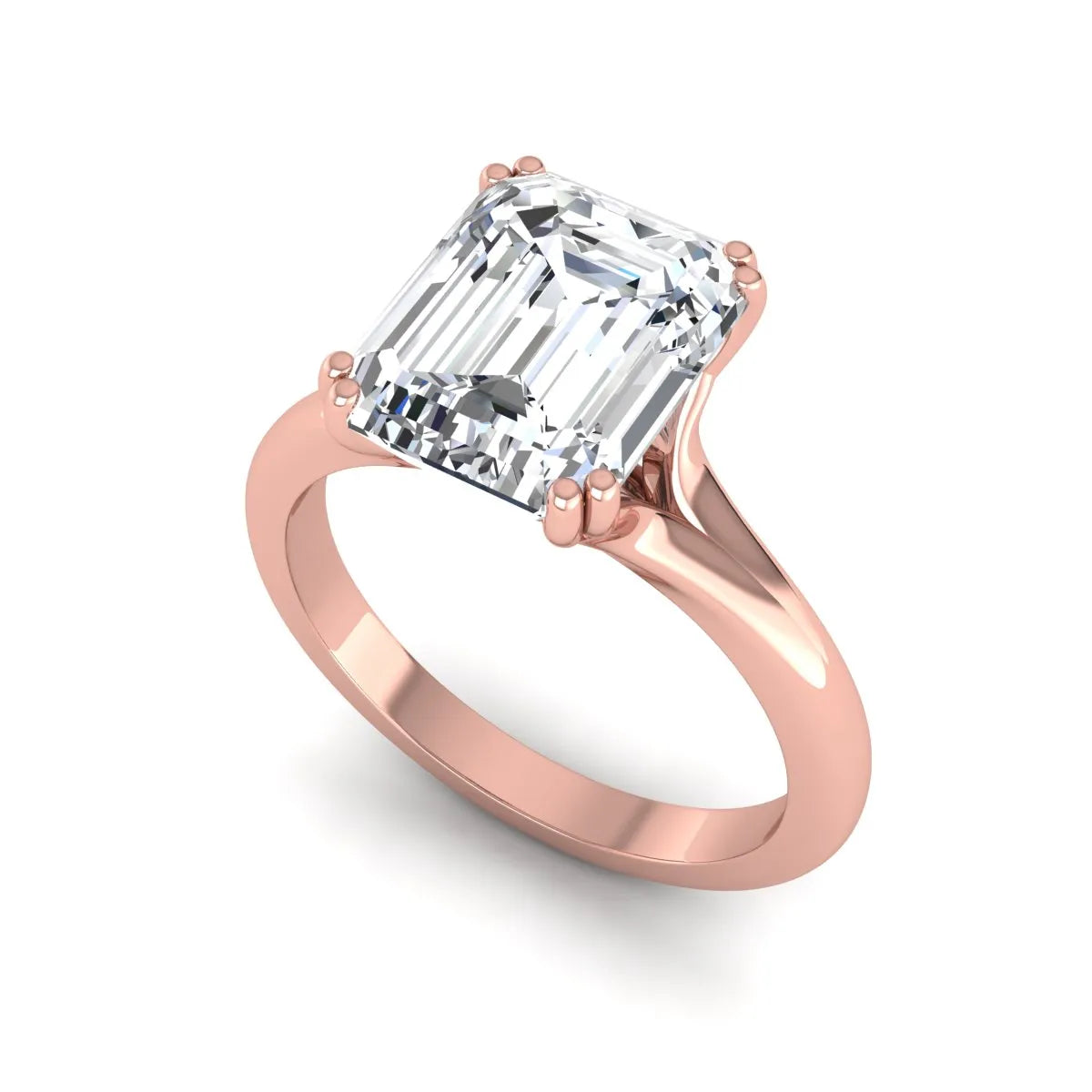 Emerald Cut Lab Grown Diamond Solitaire Engagement Ring featuring an IGI certified emerald cut center diamond in a four-prong setting with a rose gold tone band.