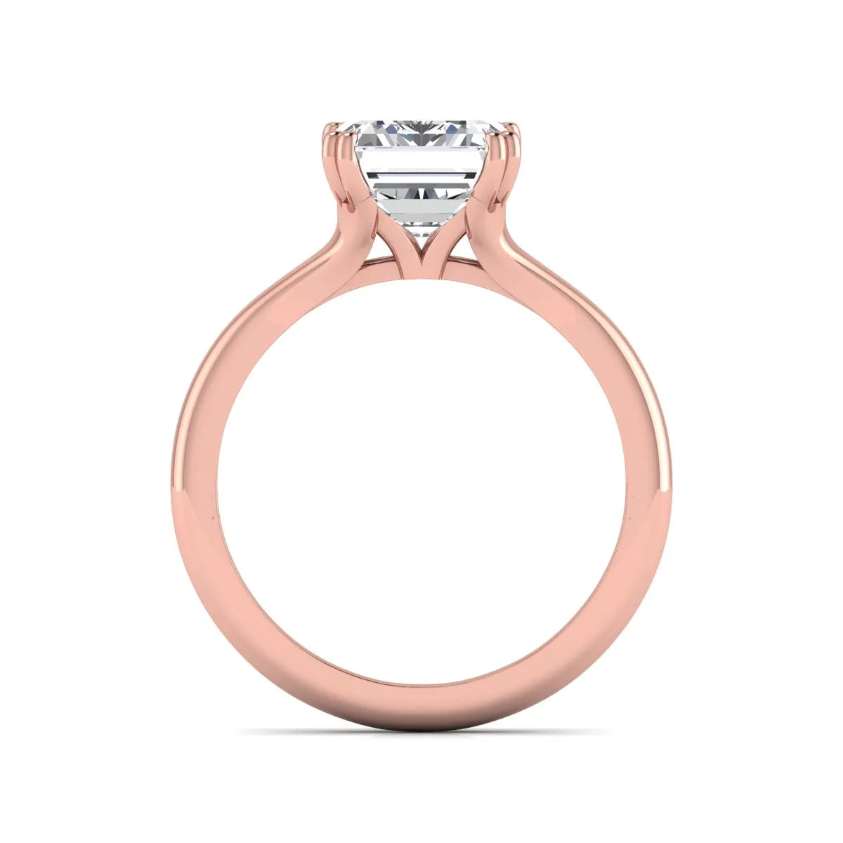 Emerald Cut Lab Grown Diamond Solitaire Engagement Ring featuring an IGI certified emerald cut center diamond in a four-prong setting with a rose gold tone band.